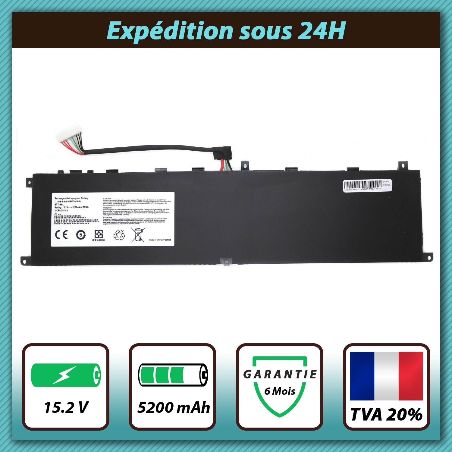 Batterie BTY-M6L haute capacité 5200mAh pour PC MSI P65 et P75