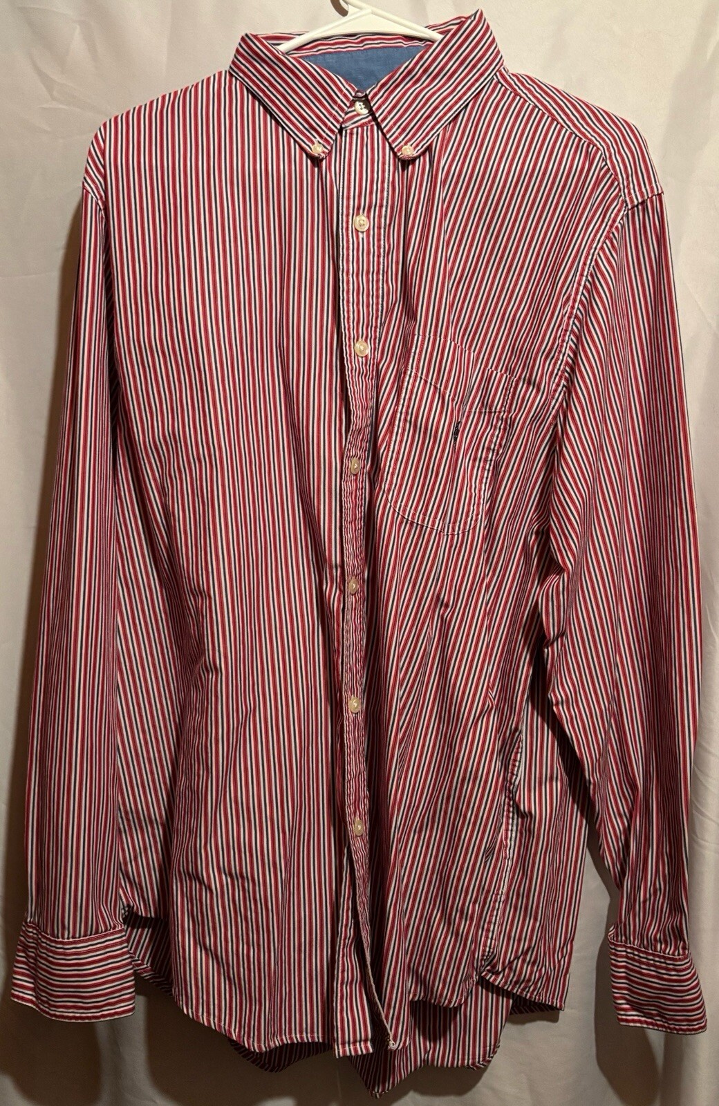 Chaps Mens L Large Easy Care Striped Red White Blue LS Button Shirt