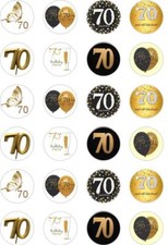 24 x PRECUT 70TH BIRTHDAY GOLD/70 YEAR OLD RICE/WAFER PAPER CUP CAKE TOPPERS