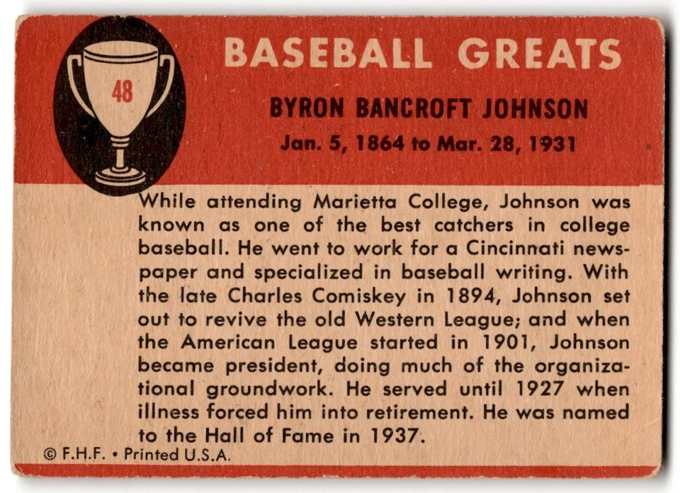 1961 Fleer Baseball Greats Ban Johnson #48 - Image 2 of 2