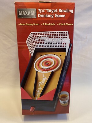 7pc Target Bowling Drinking Game 4 Shot Glasses 2 Steel Balls Game Board New