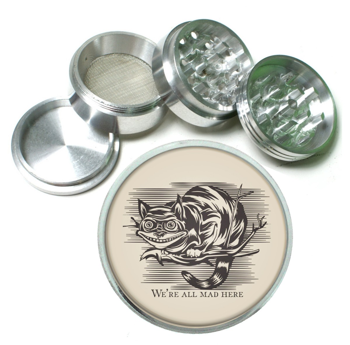 Cheshire Cat Grin Rs1 Themed Black Metal Herb Grinder 63mm 4 Piece