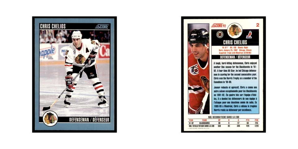 1992 Score Canadian Chris Chelios Chicago Blackhawks #2 - Image 3 of 3
