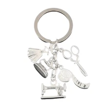 Mini Metal Sewing Machine & Notions Charms Key Ring - New
