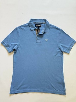 Barbour Polo Shirt Blue Tartan Check Collar Trim Cotton Pique Size M EU 50 US M