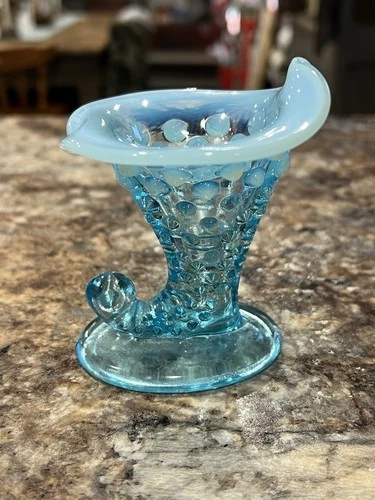 Fenton Hobnail Style Blue French Opalescent Cornucopia Horn Small Vase