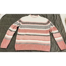 Alfred Dunner Vintage Sweater Petite Large Chenille Pink White Striped Beaded