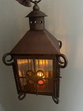 Vintage Hanging Copper Metal Nantucket Lantern With Glass Panels Candle Holder