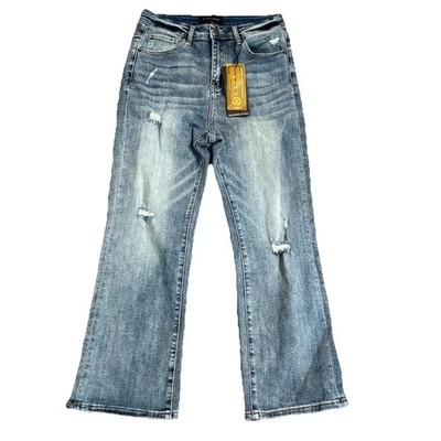 NWT Risen Jeans Women's Flare Stretch High Rise Blue Denim Jeans Distressed 9/29
