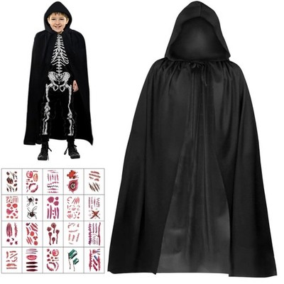 Umhang Schwarzer, Umhang mit Kapuze, 140 CM Halloween Sensenmann Kostüm mit 2...