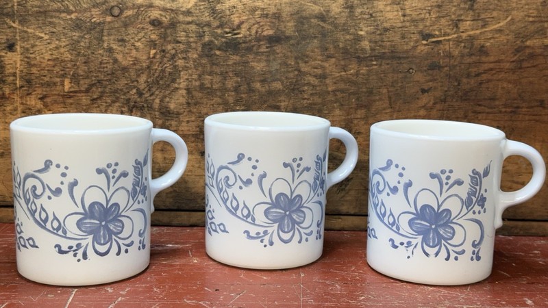 3 vintage Pyrex "Brittany Blue" milk glass mugs, floral pattern