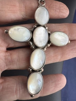 Vintage Sterling Silver Pendant Necklace Lg Cross White MOP on ACO Chain 925
