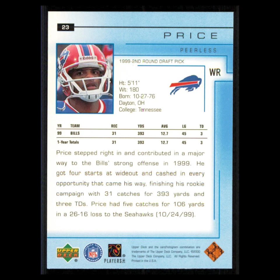Peerless Price #23 2000 Upper Deck Buffalo Bills Football Card NFL NM - Image 2 of 3