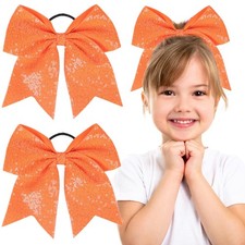 2 PCS 8 Inch Large Cheer Bows Sequin Ponytail Holders Cheerleading Orange