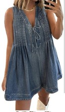 Women?s Sleeveless Tie Front Denim Roper Dress Loose Pleated Tie Front V Neck XL