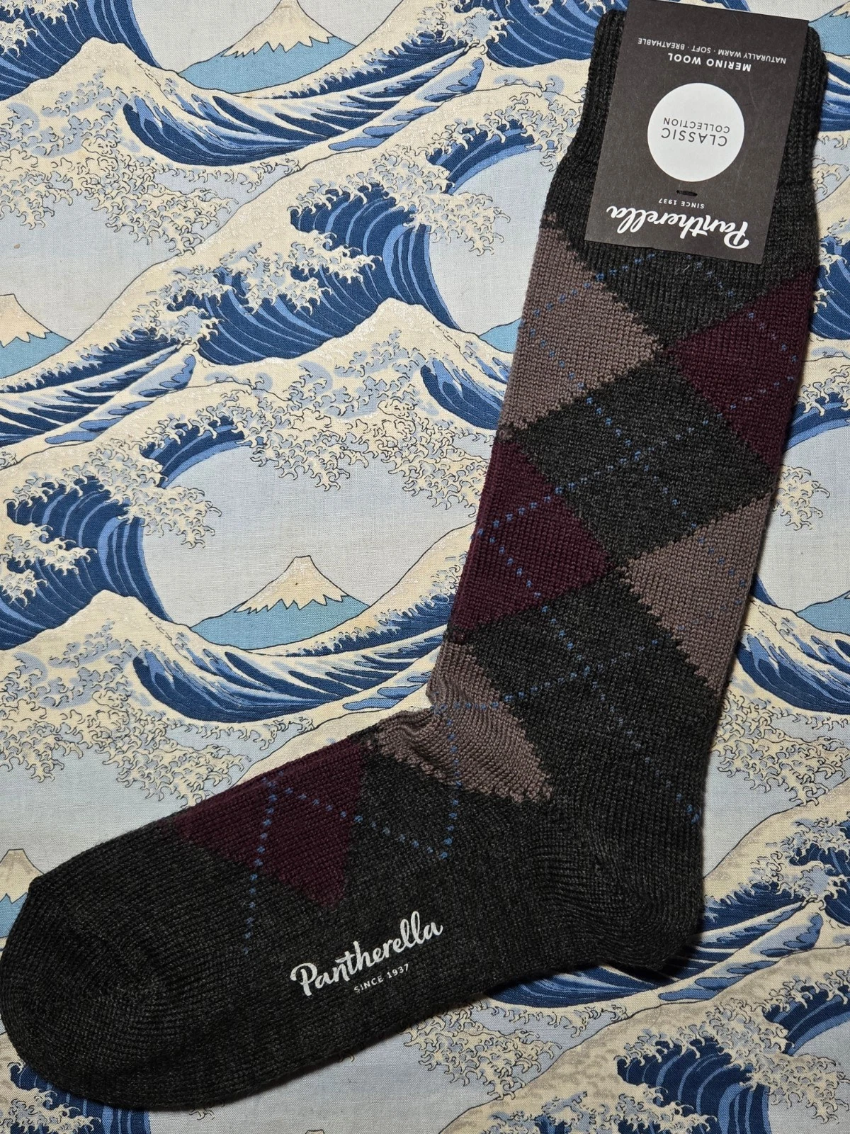 Pantherella Men's Merino Wool Italian Socks Argyle Grey & Maroon UK 6-7 EU 39-40
