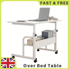 60cm White Over Bed Table Two Tier, Height Adjustable Rolling Bedside UK