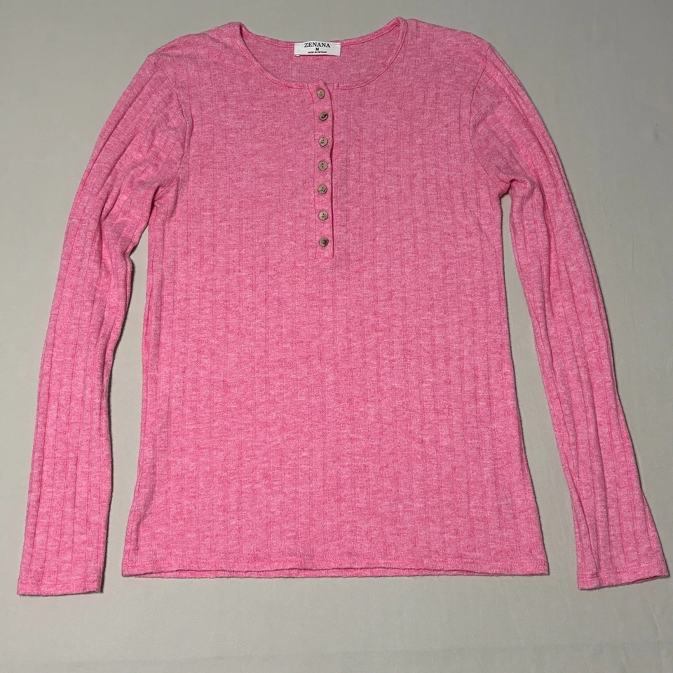 Top Henley tejido acanalado rosa Zenana manga larga suave salón capas para mujer’s M Foto 4 de 4