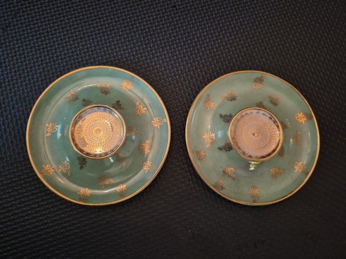 Austria Royal Vienna Pedestal Saucer, Porcelain, Green & Gold, Floral, Set of 2