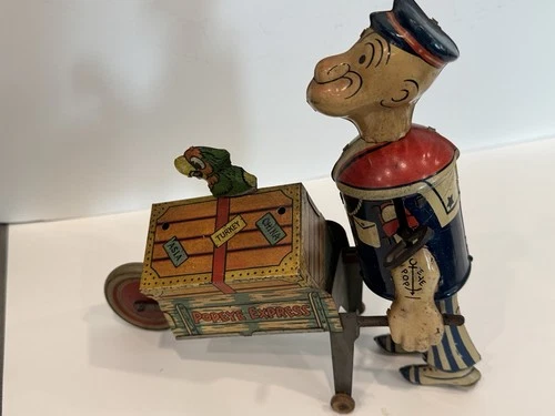 Vintage Marx Lithographed Tin Wind Up Toy Popeye Express w Parrot Trunk 1935