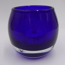 Starburst etched cobalt blue Poland Art Glass votive candle holder