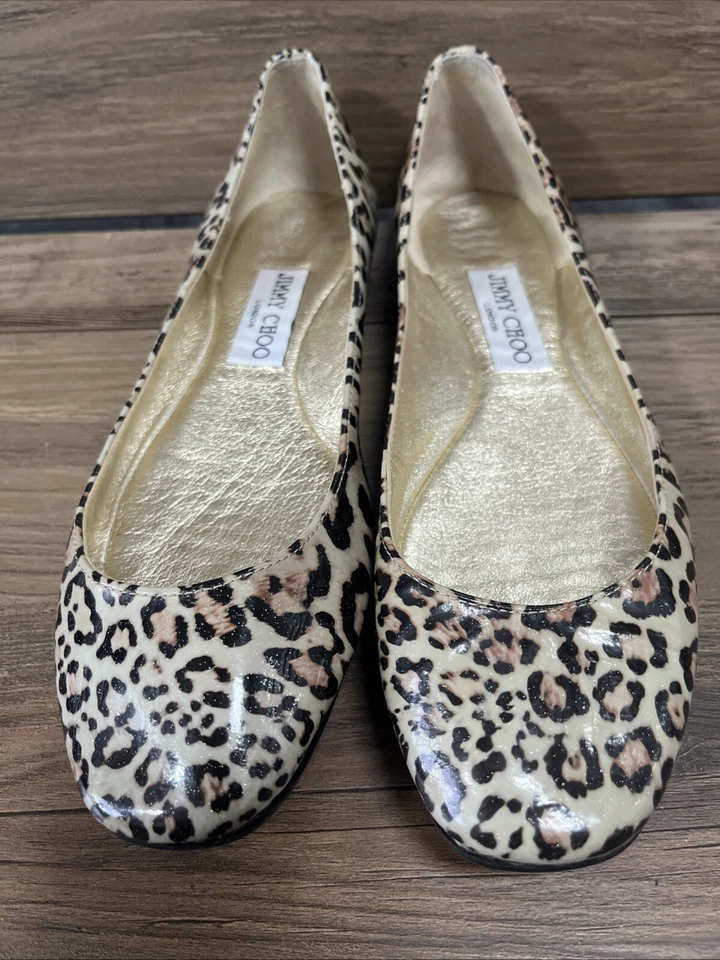JIMMY CHOO WITTY - RARE Leopard Print Shimmer Patent Flats SIZE -  36.5 - 6US Foto 2 de 4