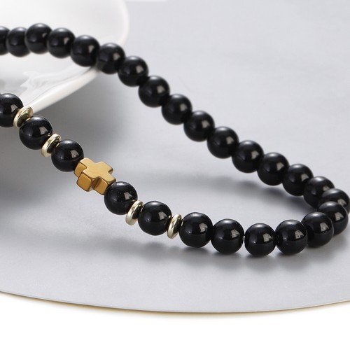Men Natural Wood Stone Beaded Necklace Fashion Cross Jewelry Gift 22'' - Foto 7 di 28
