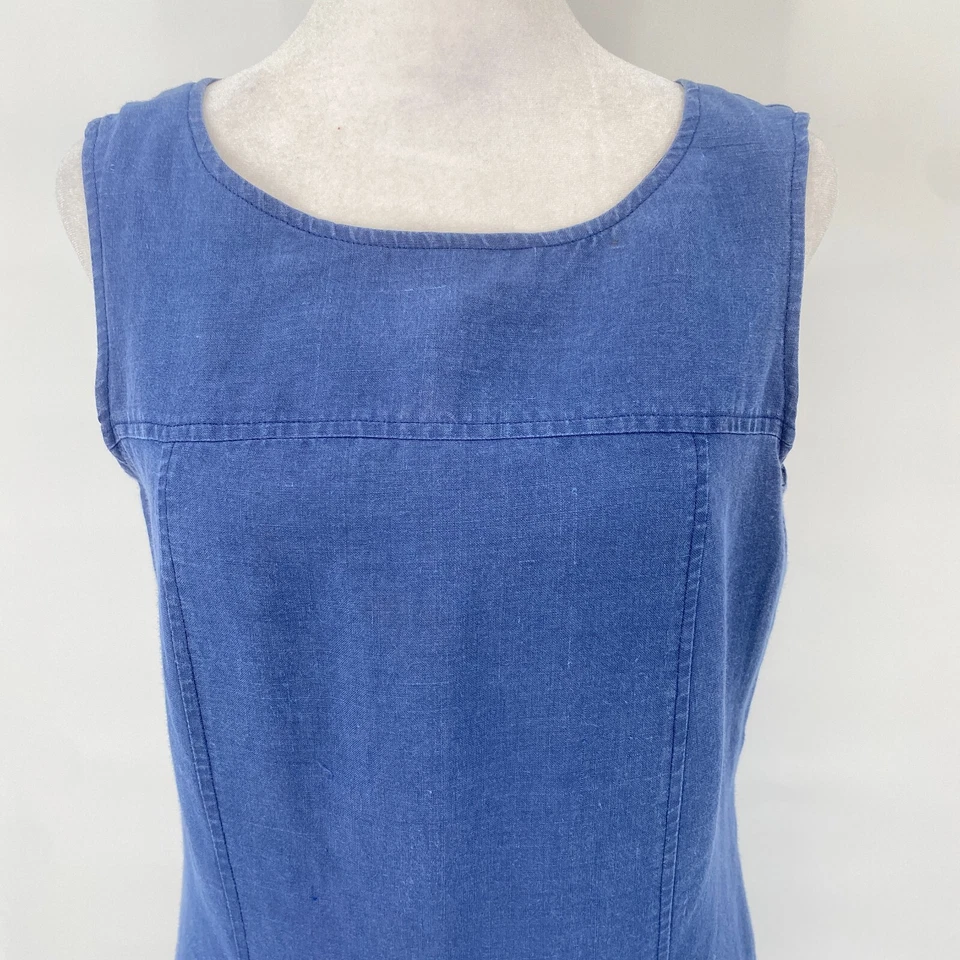Vestido Esquinero Informal Vintage Talla 6 Azul 100% Lino Sin Mangas Cambio Lagenlook Foto 2 de 4