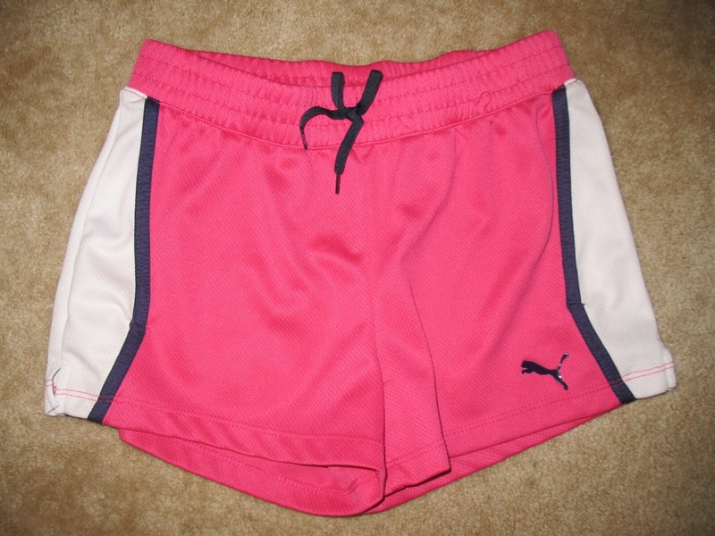 PUMA Girls' Large ATHLETIC MESH SHORTS (3" inseam w/ drawstring; pink/white) EUC