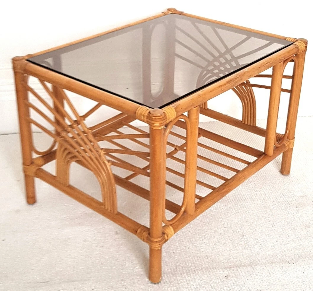 Mid century bamboo coffee table smoked glass top vintage rattan boho retro