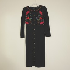 Carole Little Dress Womens XS Black Sweater Embroidered Wool Blend Midi Vintage
