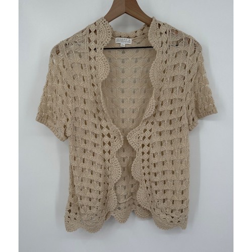 Joseph A Crochet Cardigan Women Large Cream Short Sleeve Scalloped Vintage - 第 1/10 張圖片