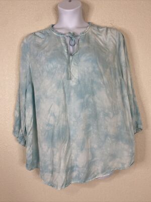 Torrid Womens Plus Size 2 (2X) Blue Sky Dye Tie Neck Top Long Sleeve
