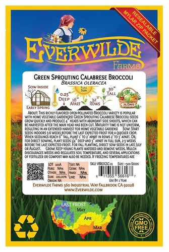 500 Green Sprouting Calabrese Broccoli Seeds - Everwilde Farms Mylar Seed Packet - Picture 2 of 3