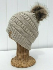 Beige Cable Knit Winter Warm Beanie hat with Faux fur Pom Pom Soft Stretchy  L