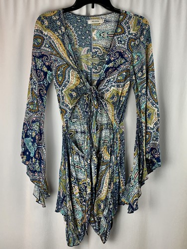 AELSON Romper Size M Boho Flare Sleeve Cut Out Festival Hippy Paisley Blue Beach - 第 2/19 張圖片