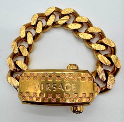 Versace Gold Tone Textured Curb Chain Bracelet Medusa Head T-Bar Logo Plate