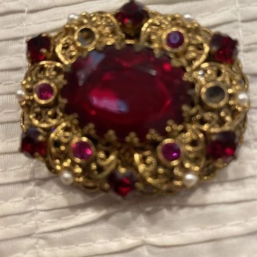 Vintage Red Rhinestone Faux Pearl Brooch W. GERMANY Lovely