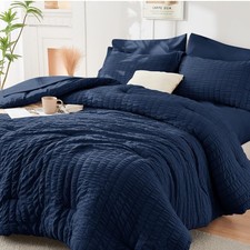 HYMOKEGE Navy Blue California King Comforter Set Seersucker 7 Pieces, All Season