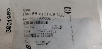 HARTING 19300061250 CLOSED FLANGE HOUSEING, HAN 6B-ASG1-LB-M20, NIB