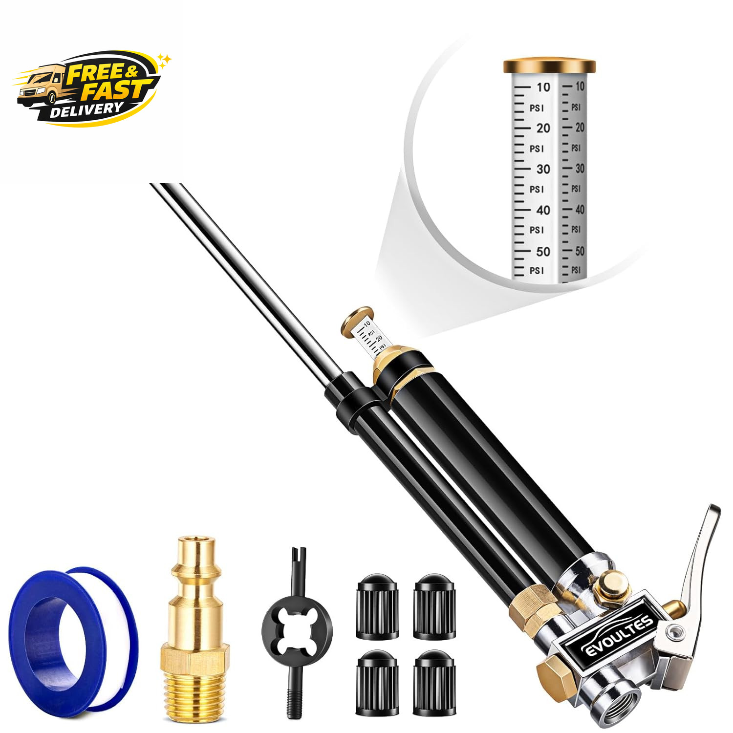 Heavy Duty Tire Inflator with Pressure Gauge, 16.5 Inch Exte