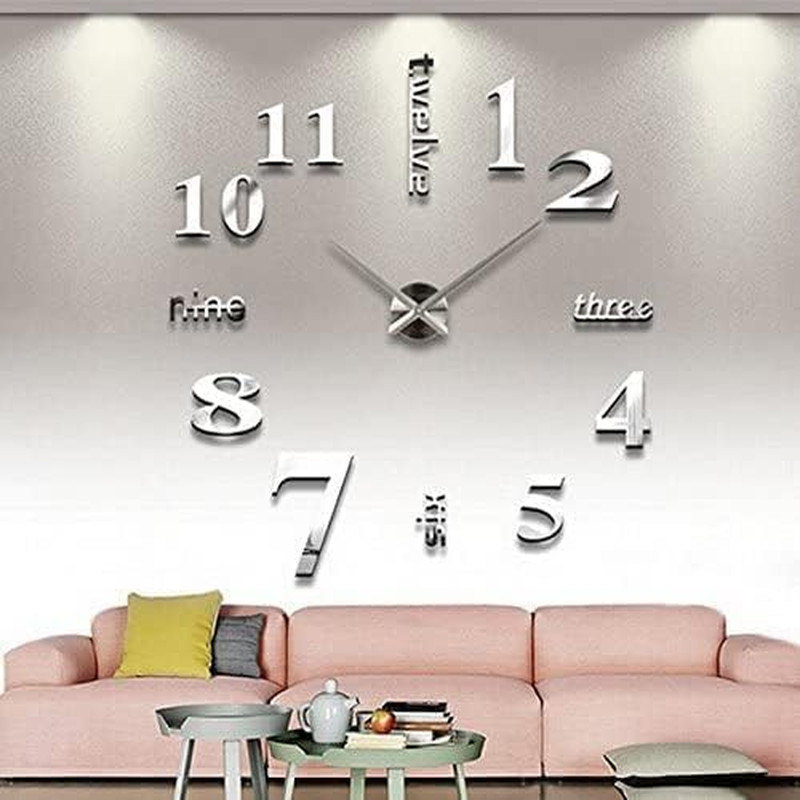 Large DIY Wall Clock, Modern 3D Frameless Wall Clock with Mirror Numbers Stic...