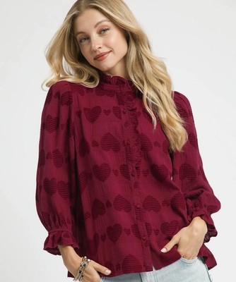 Umgee Wine Heart Jacquard Ruffle Trim Blouse 3/4 Sleeves