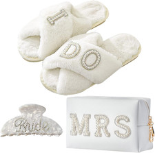 Bride to Be Gift Set - Bride Wedding Gifts I Do Slippers, Makeup Bag, and Clip