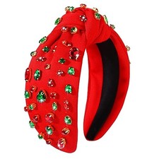 NVENF Rhinestone Knotted Headbands for Women, Crystal Beaded B-Christmas Red
