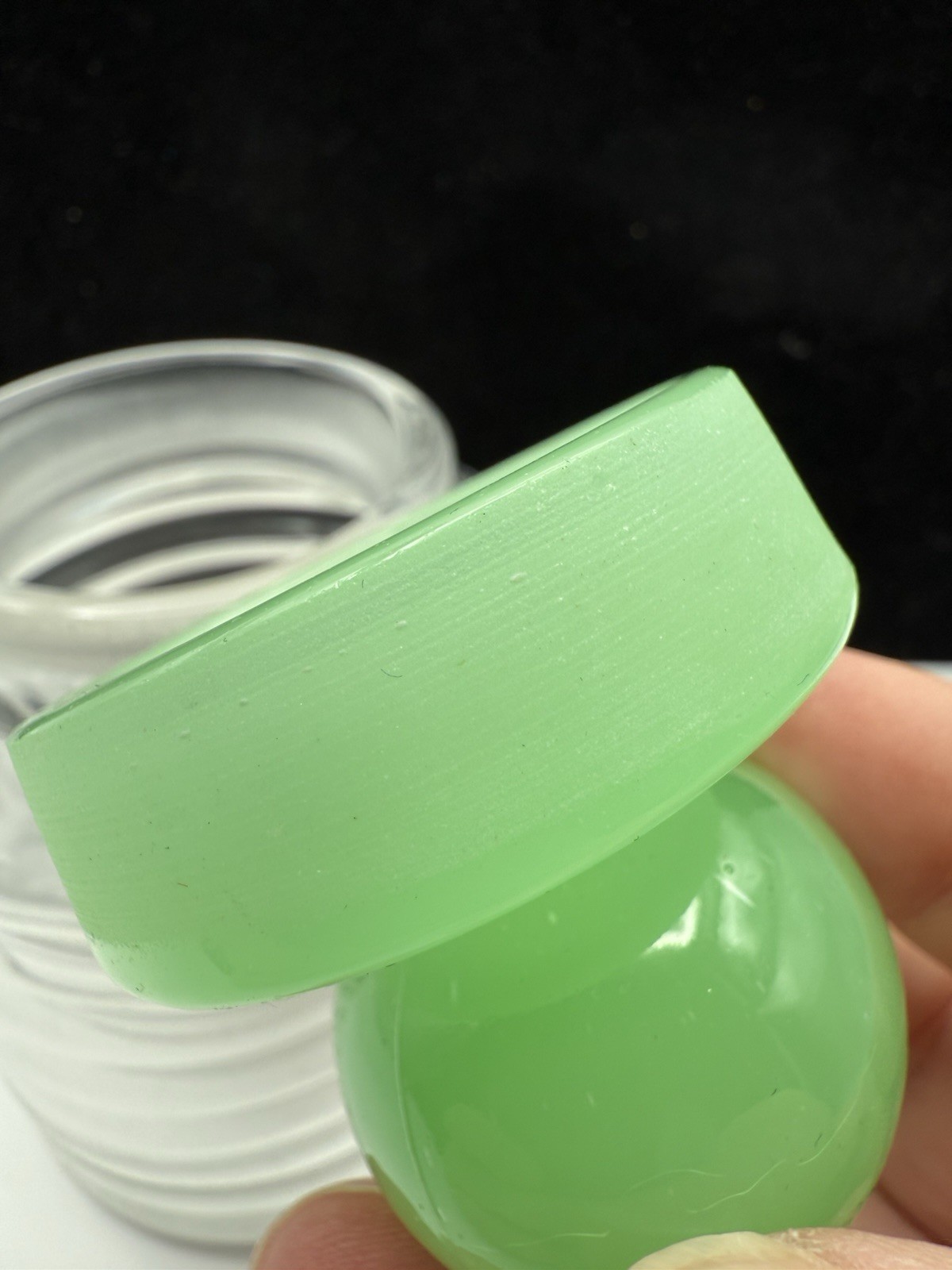 Vintage Glass APOTHECARY Ribbed Bee Hive Uranium Green Jadeite SANDED LID GLOWS!