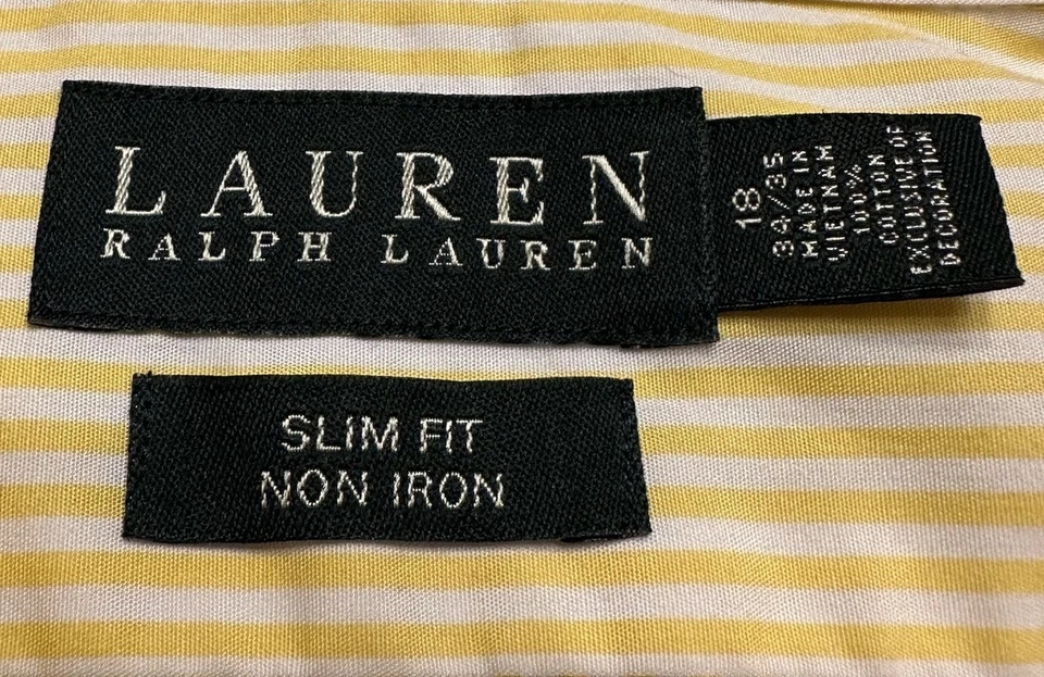 Lauren Ralph Lauren Yellow Striped Dress Shirt Men’s 18 34/35 Slim Fit Non Iron - Image 3 of 4