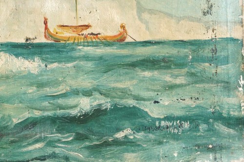 VINTAGE ORIGINAL 1943 VIKING LONGSHIP PAINTING VIKINGS ILLUSTRATION LONGBOAT ART - Picture 4 of 7