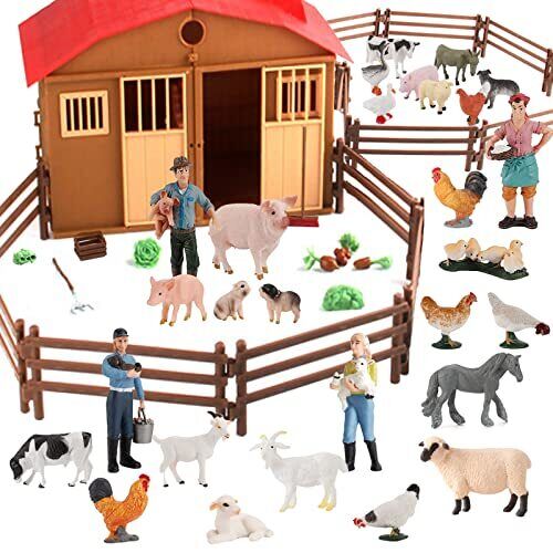 60PCS Farm Animals Figurines Toys with Barn House Fence, Farmhouse Figures Pr... - Picture 1 of 7