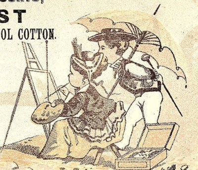 1880s J & P Coats Best Six Cord Spool Cotton Beach Scene Couple Easel Painting